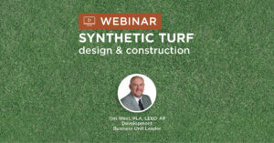 green turf background with title Synthetic Turf design and construction webinar