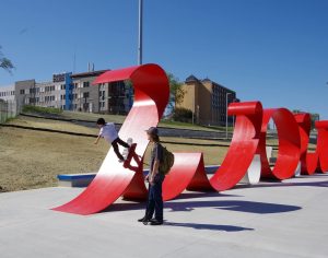 A young skateboarder tries out the skateable "WOW" sculpture in the park.