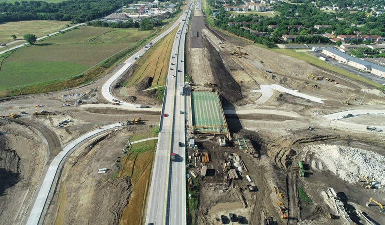 aerial view of previous roadway and layout of new interchange|||||aerial rendering of diverging diamond interchange|mass construction creating on ramps|aerial view of diverging diamond intersection being constructed|ground level 3D rendering of diverging diamond interchange|