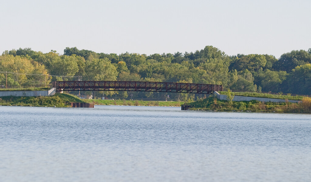 landscape view of the ada hayden pedestrian bridge from across the lake