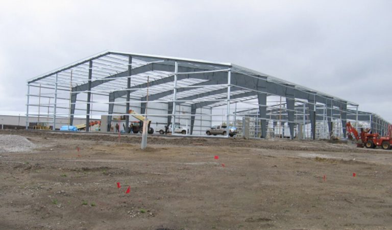 Crew constructs frame of industrial building at Albaugh Industrial Park in Ankeny