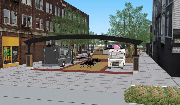 This rendering shows several design ideas that would allow food trucks to inhabit the space for community events|Overhead deception showing numerous amenities the design team proposed for the Merrill Alley section of this project|Plans showing the upgrades and improvements to transform 3 alley ways in Fort Dodge