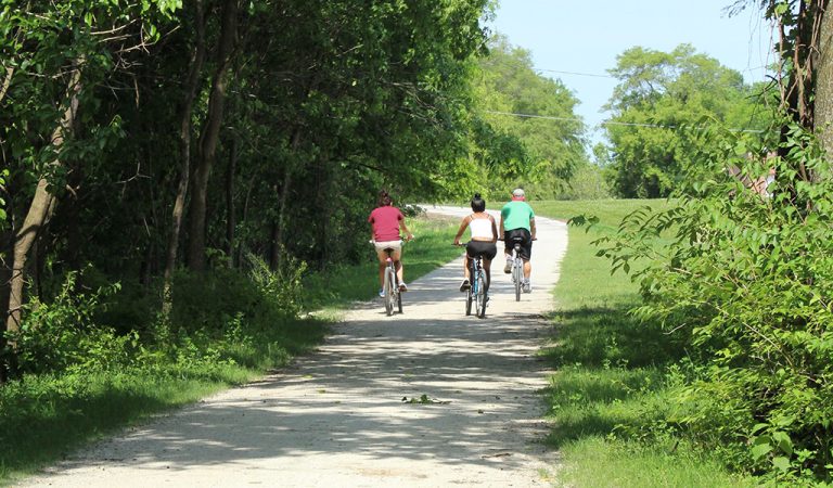 Three biker ride down a green trail|Sidewalk trail along side busy road|Winding trail with underground bridge|Trail with shady tree over head|Black gate fence in the middle of a trail section|snow falling on trail segment|Winding trail heads towards a tunnle|Orange contruction fencing covers trail section|Dry grassy hillside