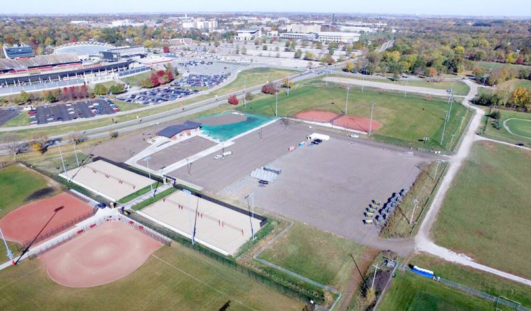 Aerial view of ISU southeast sports complex|Aerial view of ISU southeast sports complex volleyball courts|Aerial view of ISU southeast sports complex softball fields|Aerial view of ISU southeast sports complex stormwater detention basin
