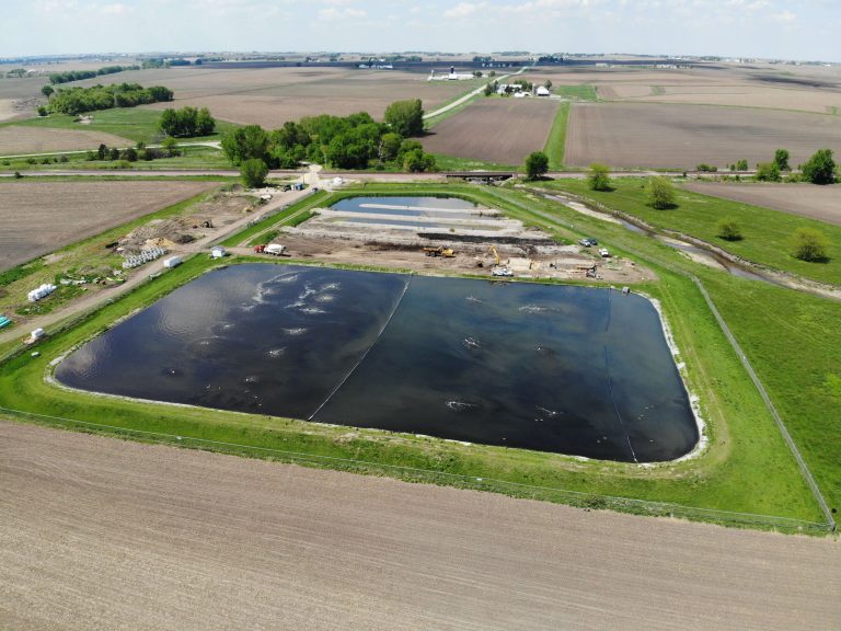 aerial view of Norway IA wastewater lagoon|||concrete sections with UV below