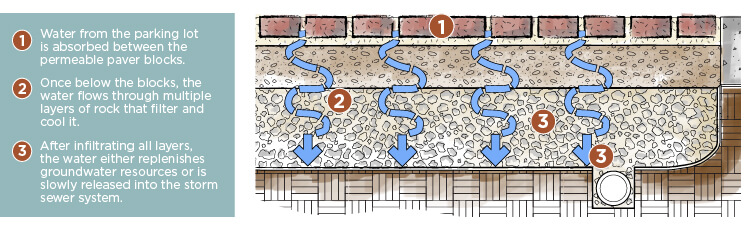 Graphic explaining permeable pavers with step by step process