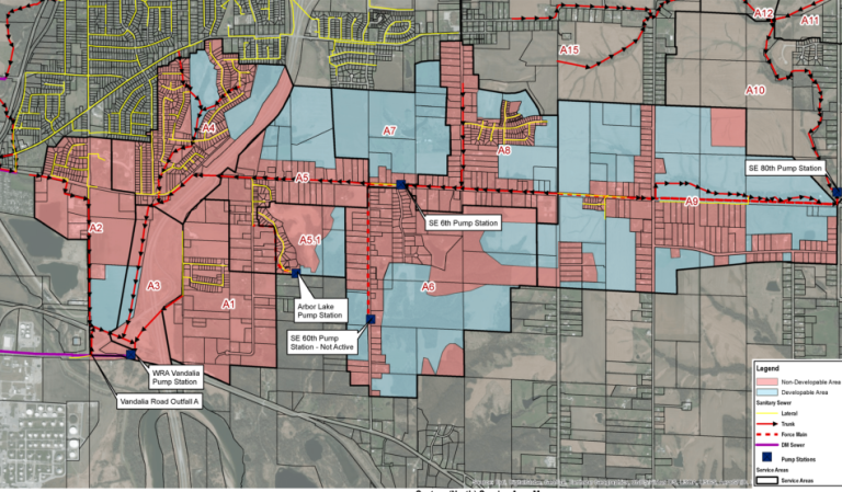 blue and red map of sewer system service area|corroded manhole|lime green map of pleasant hill sewer system and neighboring communities