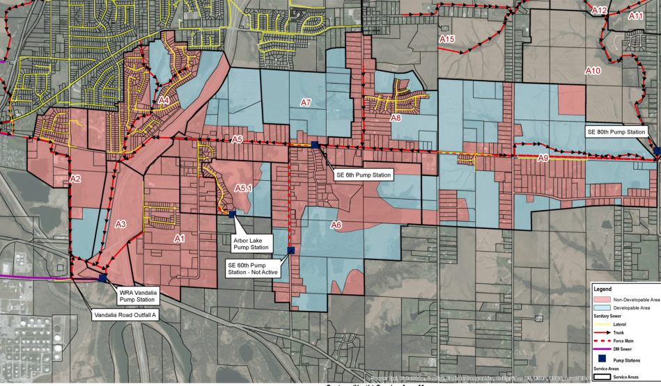 blue and red map of sewer system service area|corroded manhole|lime green map of pleasant hill sewer system and neighboring communities