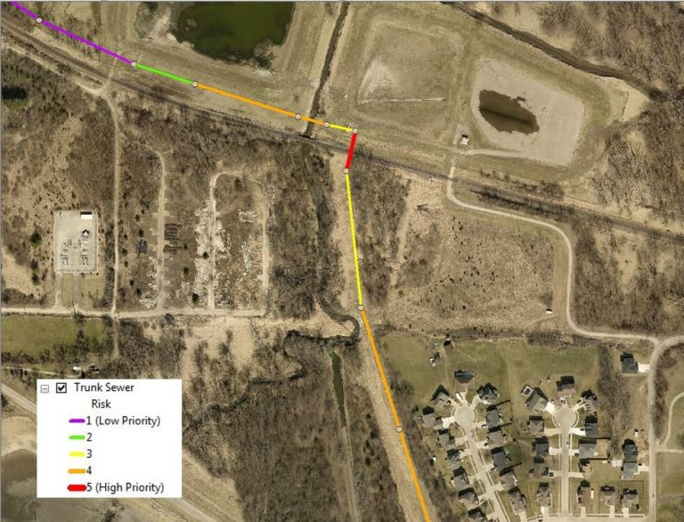 A aerial map depicting levels of sewer system rehab priority for the WRA.|Multi-sensor inspection technology utilizes an HD camera