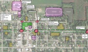 Map of the Sidney community with highlighted areas that are the focus of infrastructure improvements.