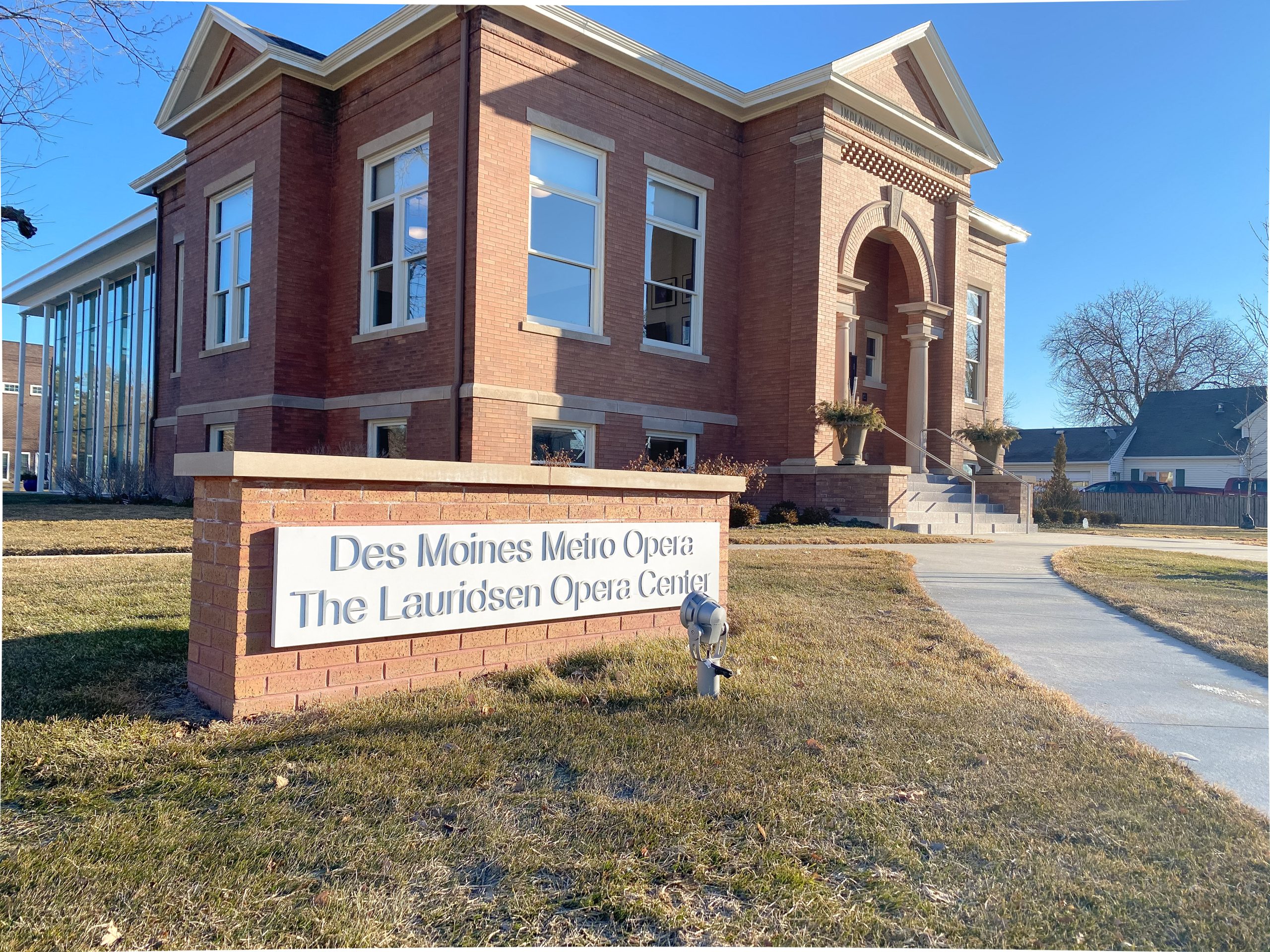 large brick sign for the Des Moines Opera House