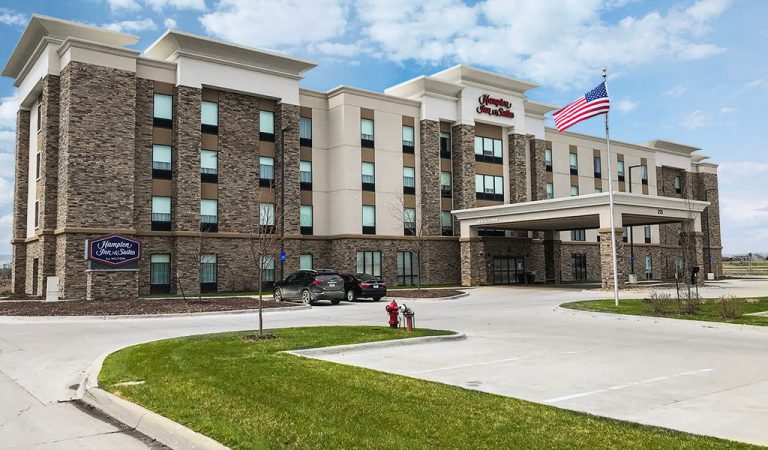 Front entrance of brand new Hampton Inn hotel|