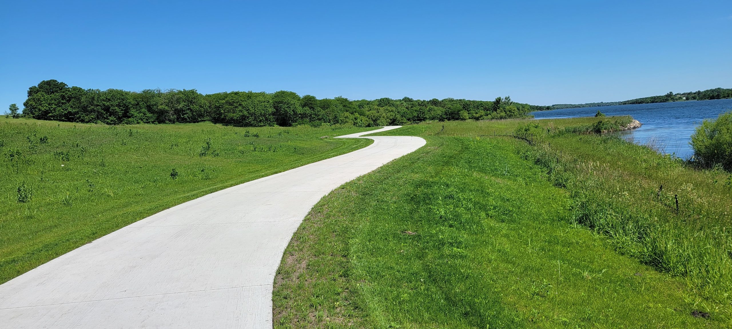 Winding concrete path through green field toward a tree line beside a lake on a sunny day.